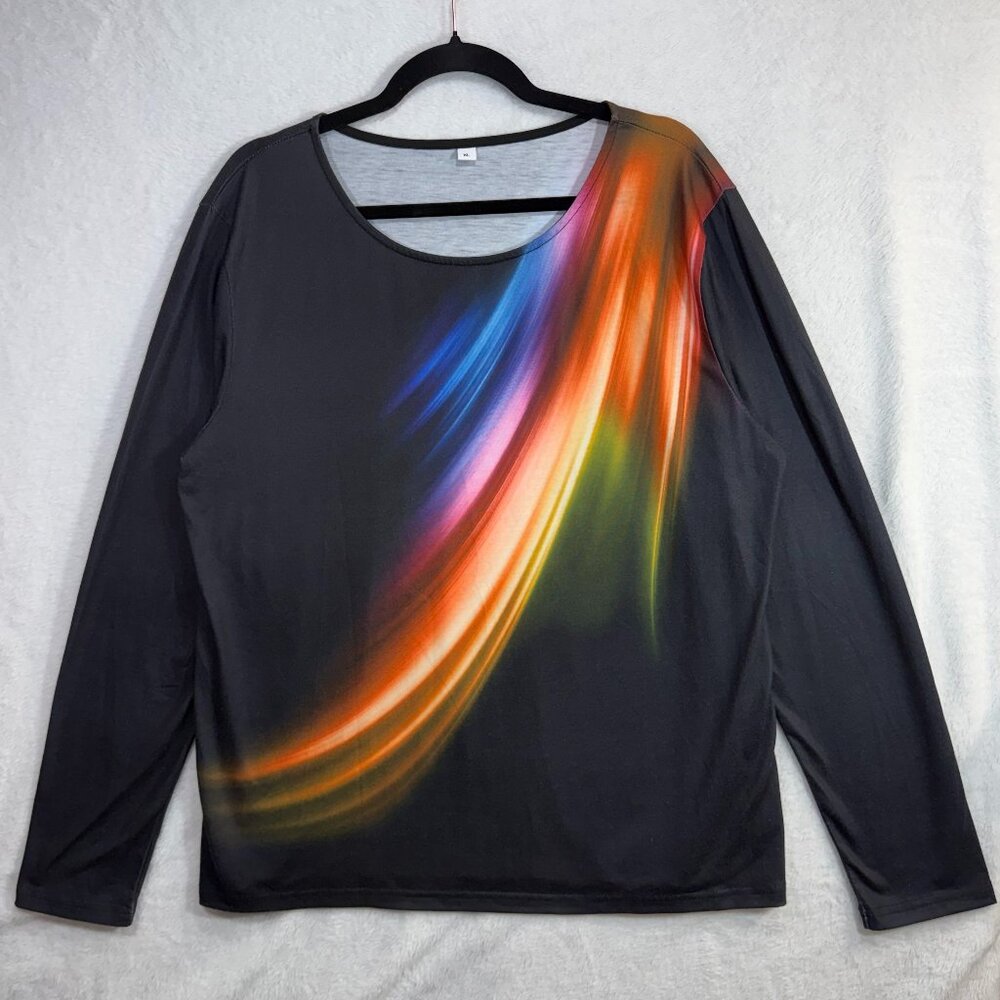 XL Long Sleeve Graphic Top Black Abstract Multicolor Rainbow Artsy Stretch Tee